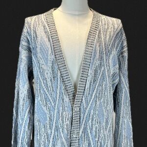 VINTAGE 80s men’s knit sweater cardigan button front deep v neck argyle abstract